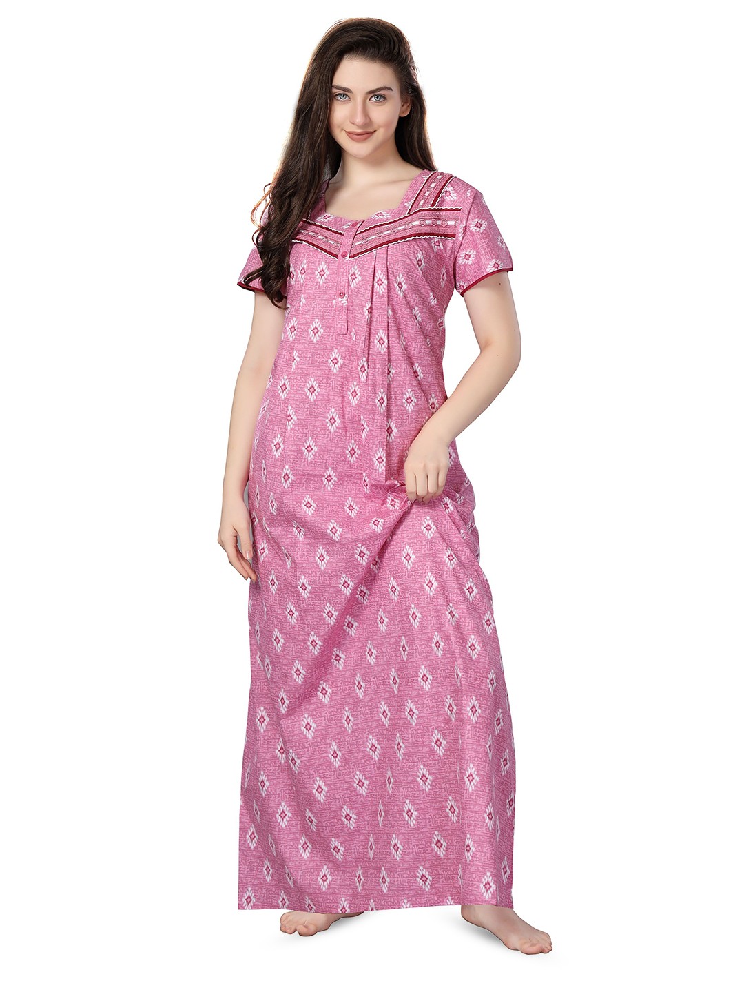 

Soulemo Women Printed Maxi Pure Cotton Nightdress, Pink