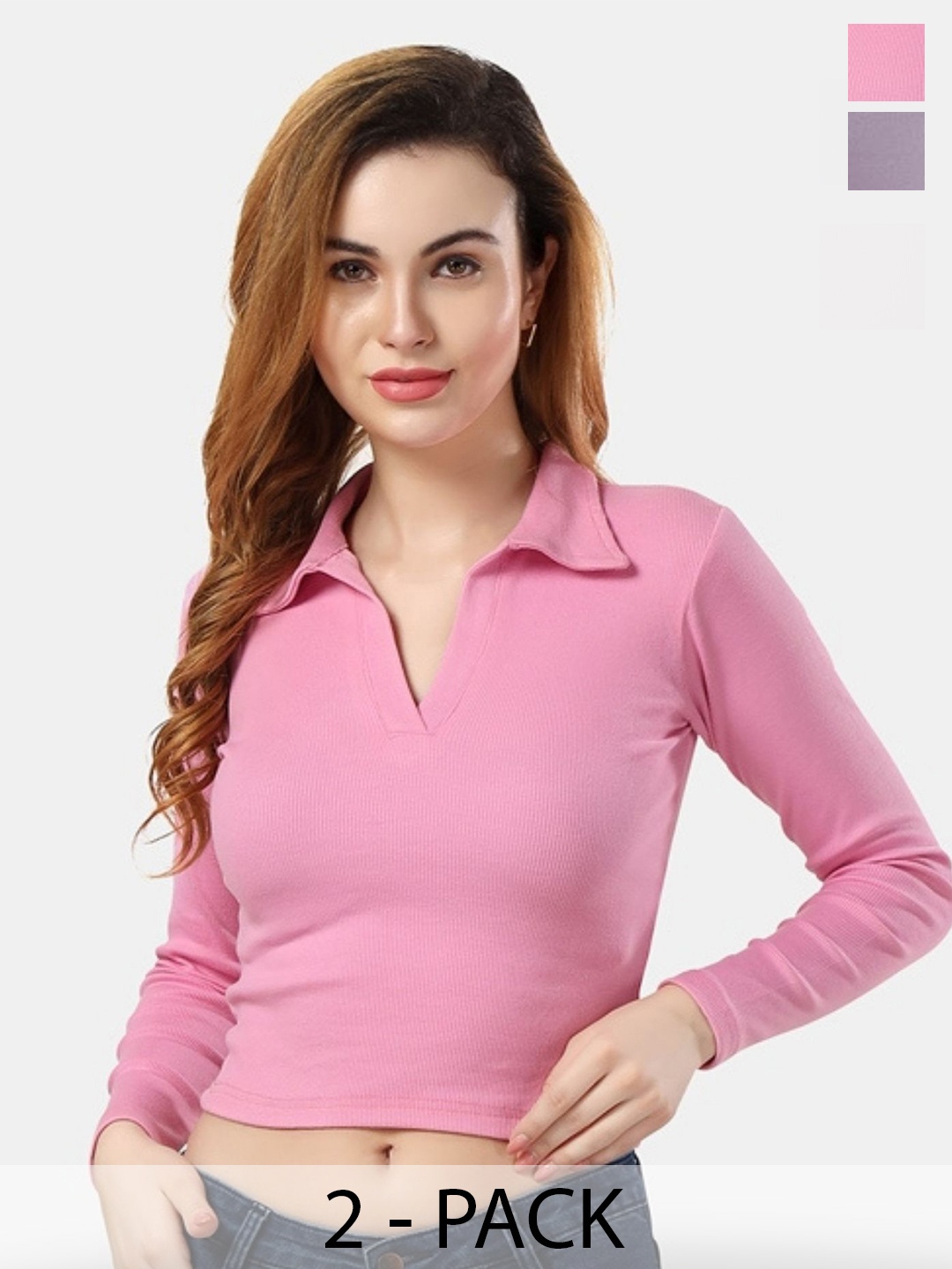 

Fabme Women Pack of 2 Cotton Long Sleeves Crop Top, Lavender