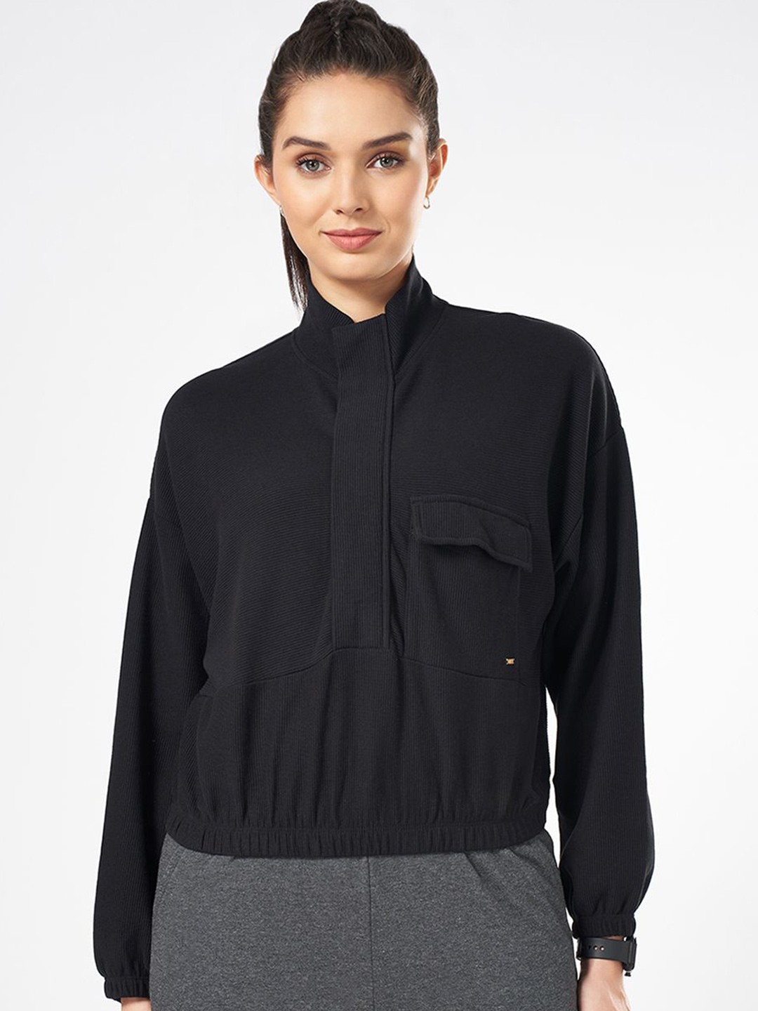 

Ajile by Pantaloons Women Shirt Collar Cotton Sweatshirt, Black