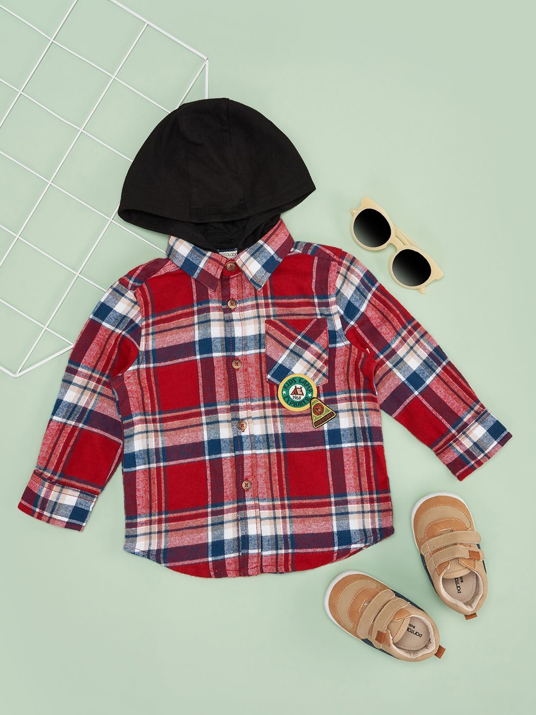 

Pantaloons Baby Boys Cutaway Collar Tartan Checked Cotton Casual Shirt, Red