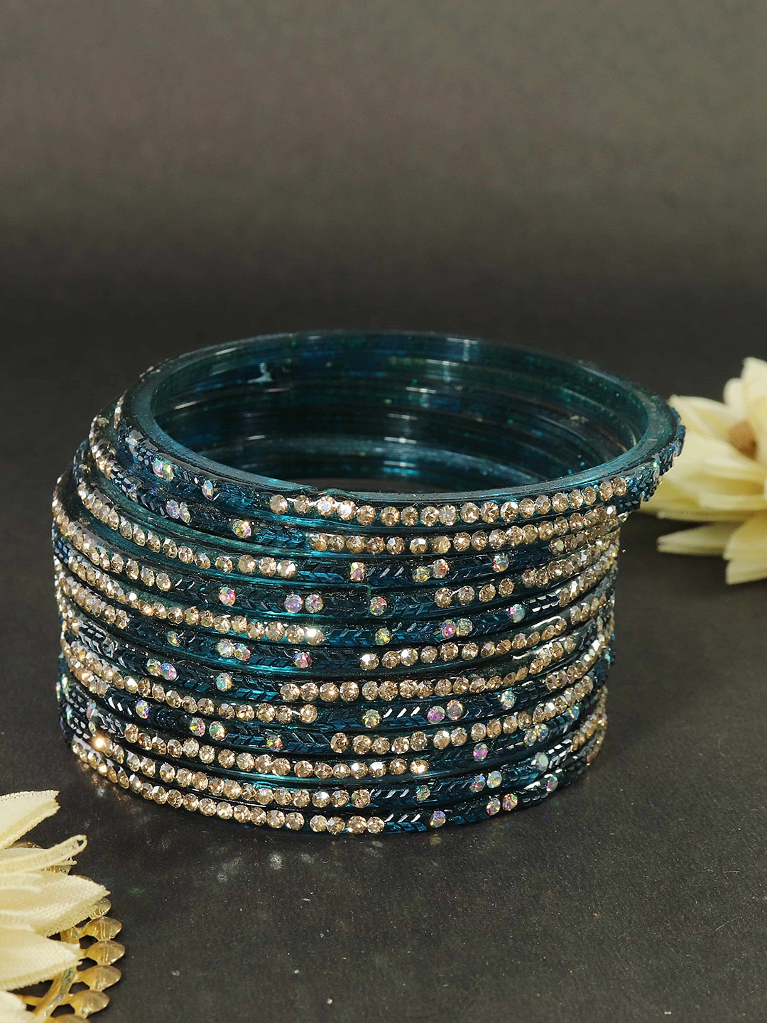

LAVAZZA Set Of 12 Zircon Diamond Stone & Beads Studded Glass Bangles, Sea green