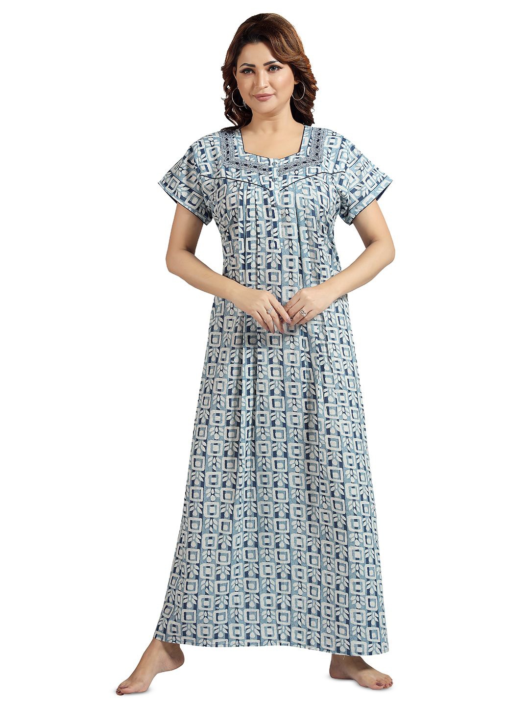 

NIGHT QUEEN Women Printed Maxi Nightdress, Blue