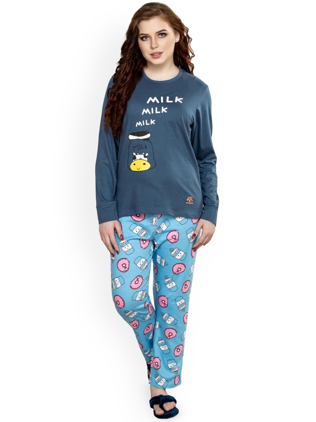 

evolove Women Graphic Printed Night suit, Navy blue