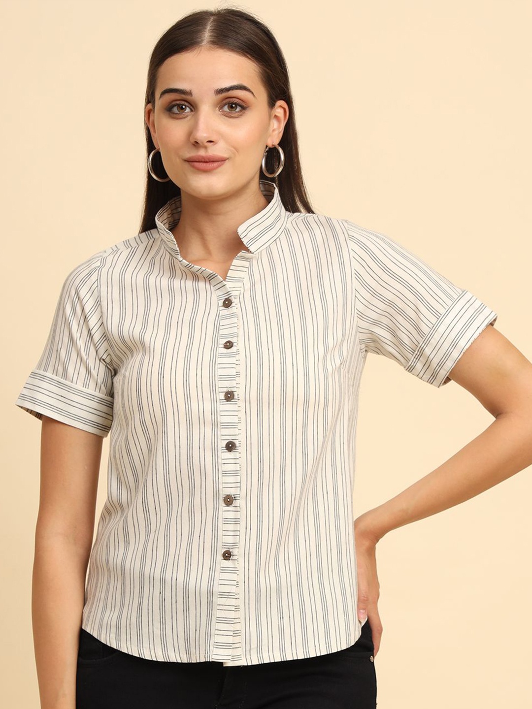 

Anouk Rustic Women Vertical Striped Pure Cotton Shirt, Off white