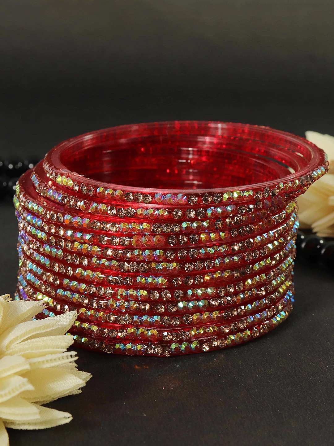 

LAVAZZA Set Of 12 Zircon Diamond Stone & Beads Studded Glass Bangles, Red