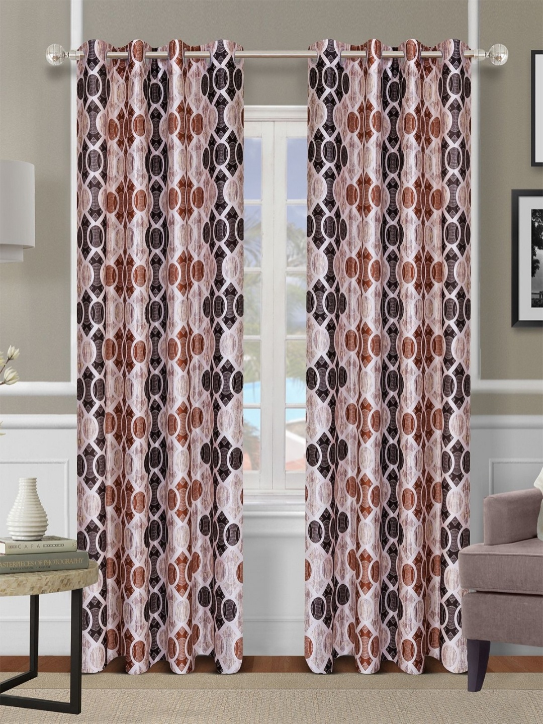 

Myntra Elegant Homes Brown & Tan 2 Pieces Geometric Printed Room Darkening Door Curtains