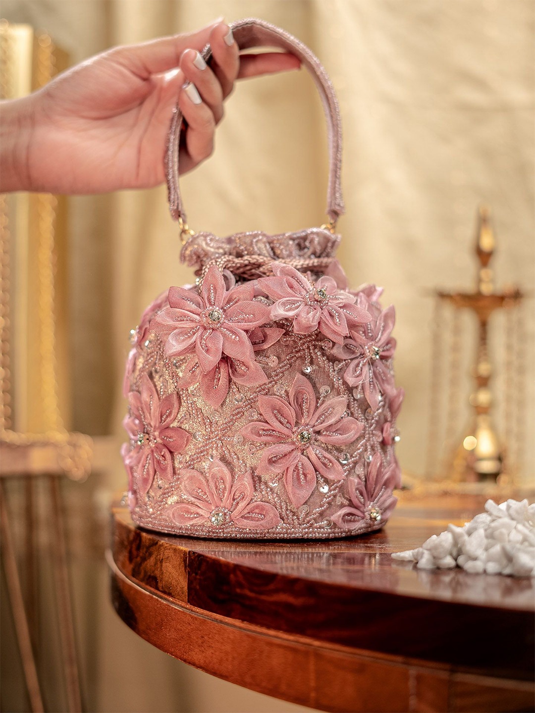 

NR By Nidhi Rathi Embellished Potli Clutch, Rose gold