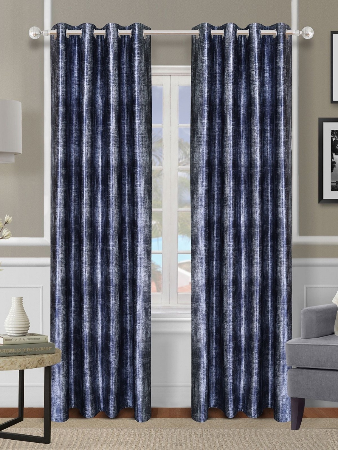 

Myntra Elegant Homes Blue 2 Pieces Printed Room Darkening Long Door Curtains