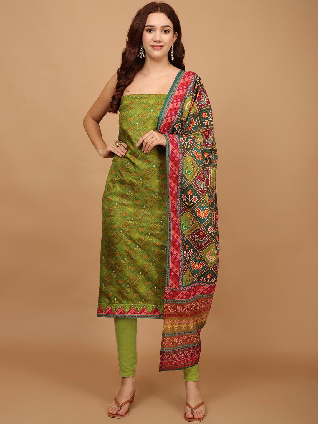 

Meena Bazaar Floral Printed Unstitched Dress Material, Green