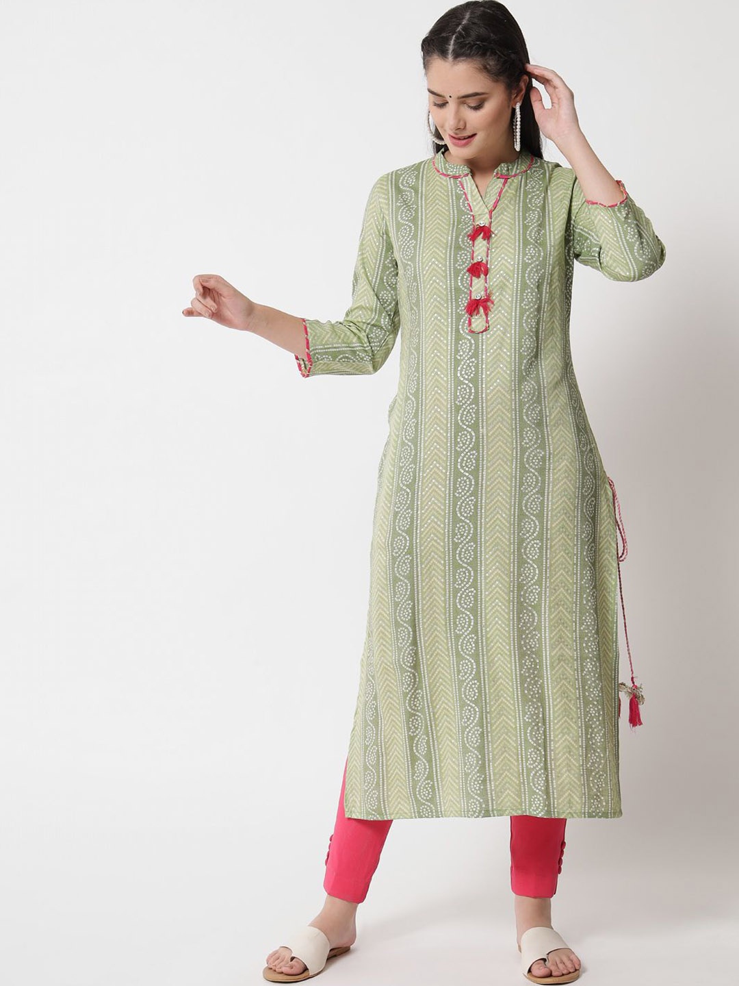 

Anouk Green Bandhani Printed Thread Work Mandarin Collar Liva Straight Kurta