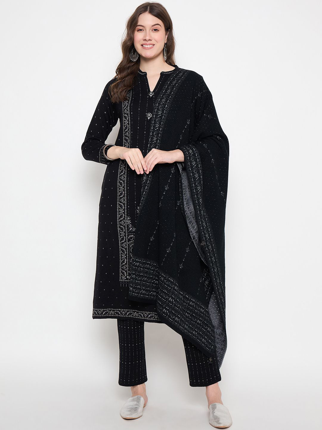 

Knitstudio Floral Woven Design Pure Woollen Straight Kurta With Trousers & Dupatta, Black