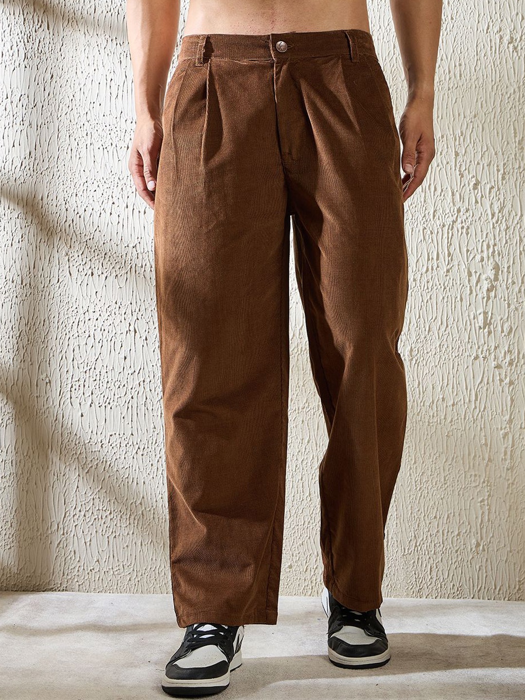 

FUGAZEE Men Relaxed Loose Fit Pleated Cotton Trouser, Brown