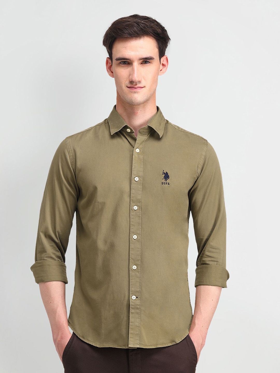 

U.S. Polo Assn. Denim Co. Men Manhattan Spread Collar Solid Cotton Slim Fit Casual Shirt, Green