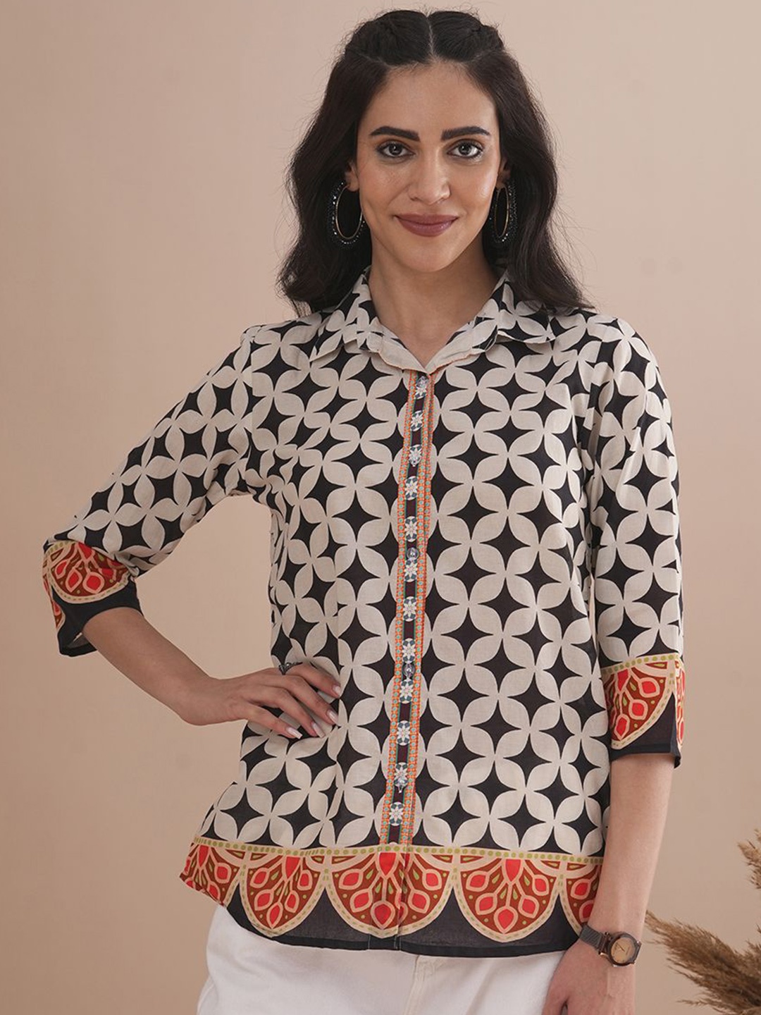 

FASHOR Women Printed Pure Cotton Shirt, Black