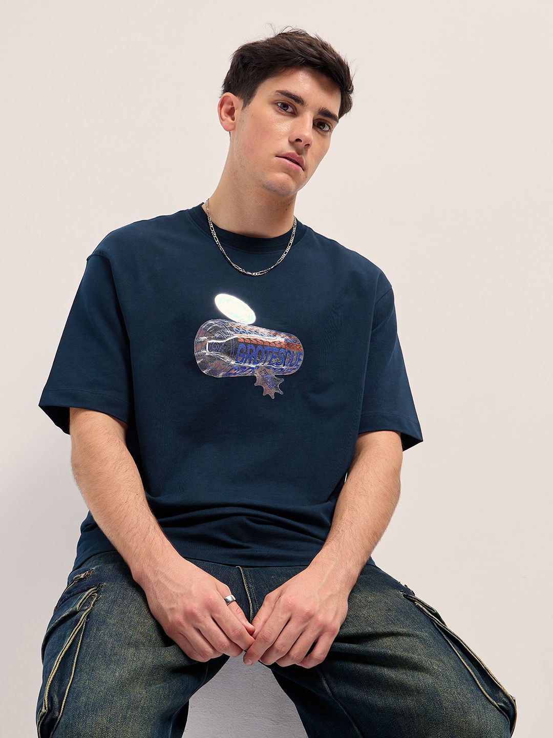 

THE BEAR HOUSE Men Graphic Printed Round Neck Cotton Oversized T-shirt, Blue