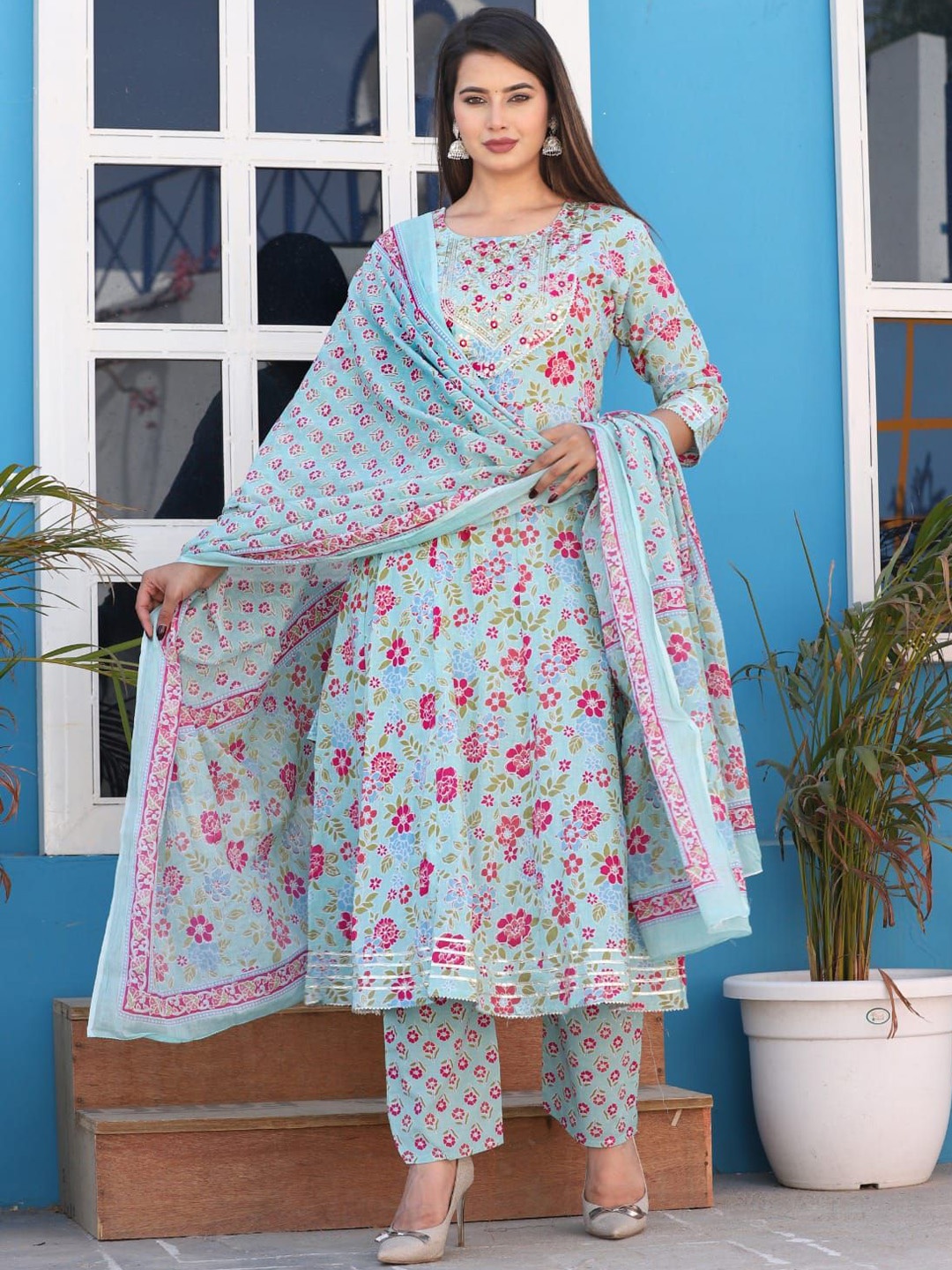 

MILAAV Floral Printed Gotta Patti Pure Cotton Anarkali Kurta with Trousers & Dupatta, Blue