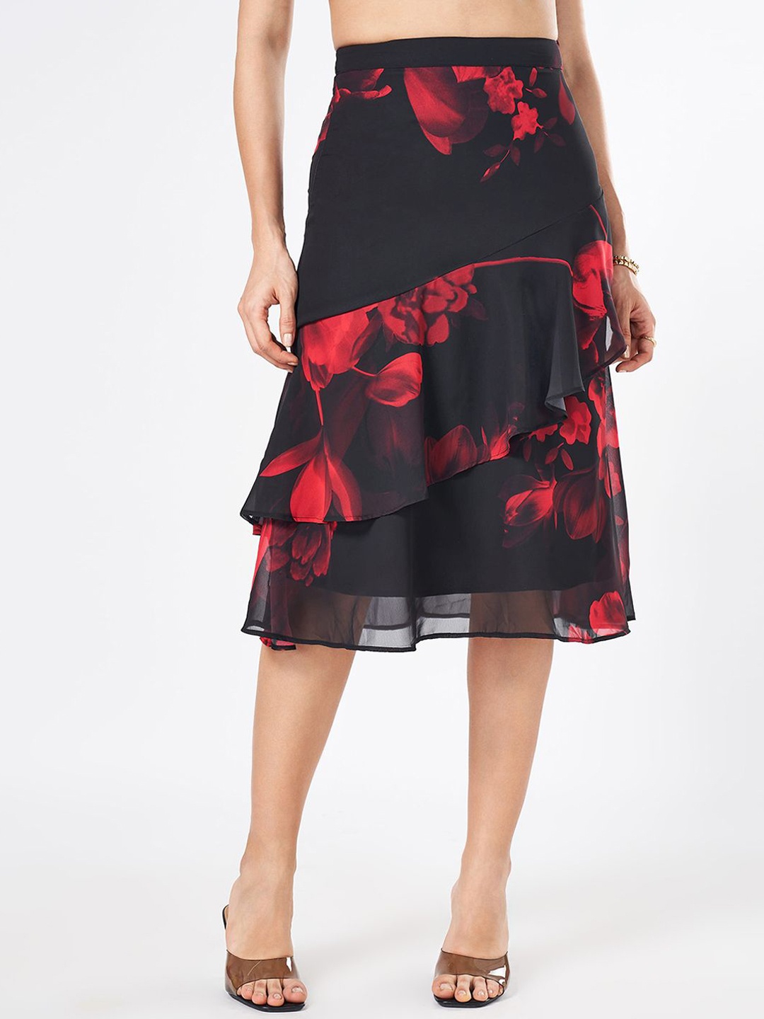 

Honey by Pantaloons Women Floral Printed Tiered Midi Skirt, Black