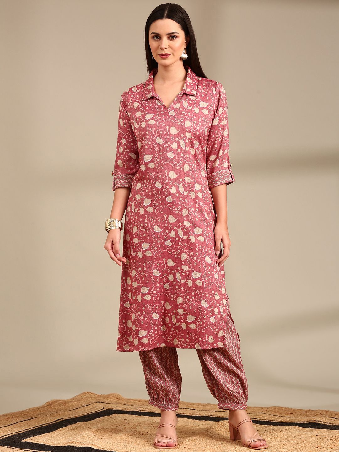 

Anouk Pink Floral Printed Shirt Collar Straight Kurta with Trousers