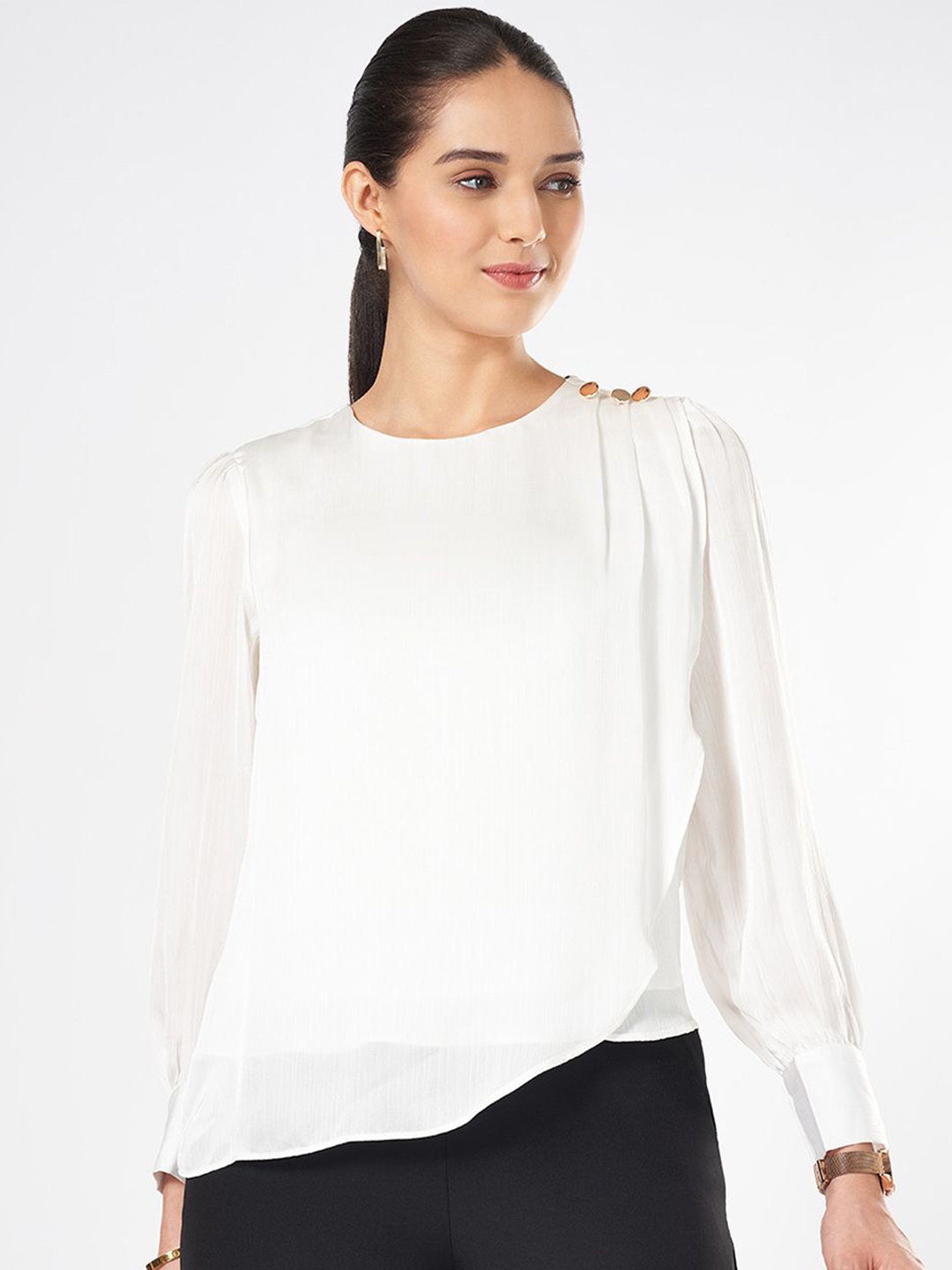 

Annabelle by Pantaloons Women Round Neck Cuffed Sleeve Top, Off white