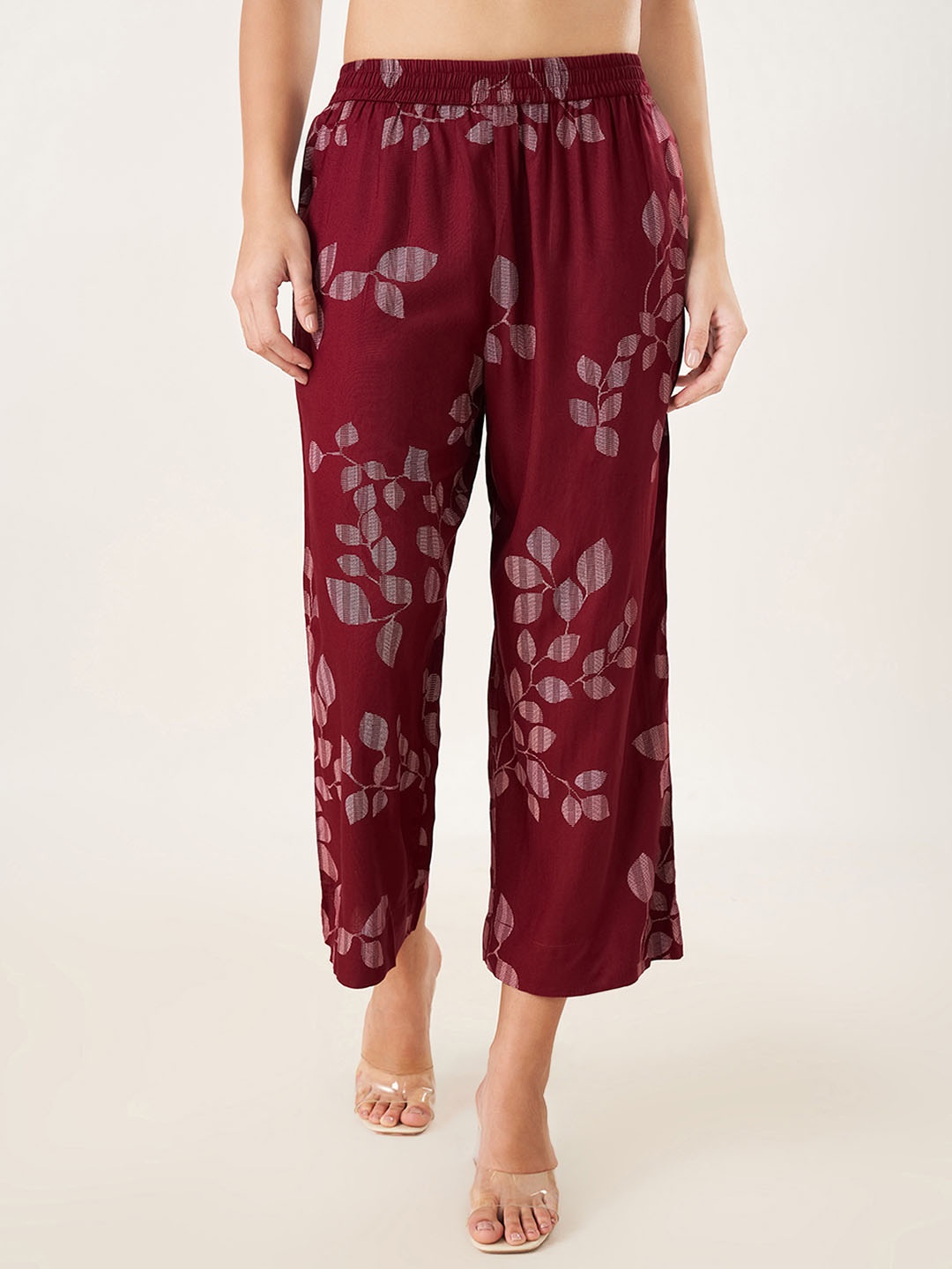 

RANGMANCH BY PANTALOONS Women Floral Printed Flared Trousers, Brown
