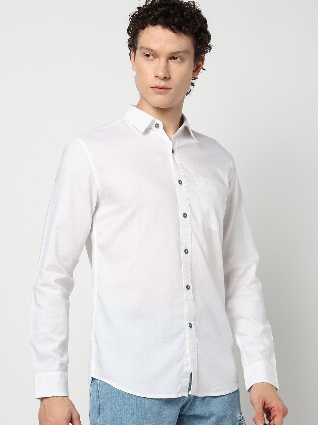 

Blue Buddha Men Comfort Spread Collar Solid Cotton Slim Fit Casual Shirt, White