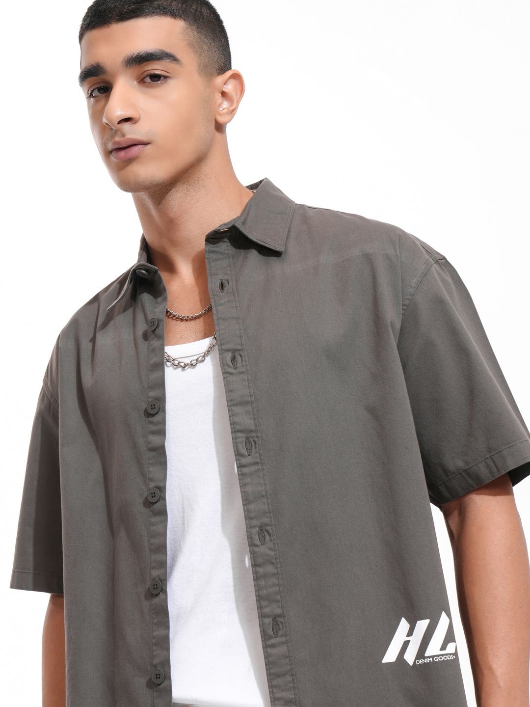 

Highlander Men Dark Contrast Stitched Placment Patterned Oversized Overshirt, Grey