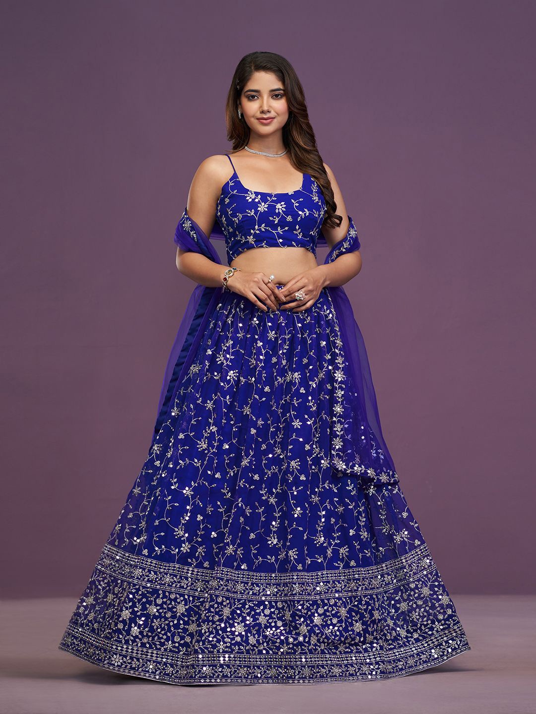 

JIHU CULTURE Sequinned Semi-Stitched Lehenga & Unstitched Blouse With Dupatta, Blue