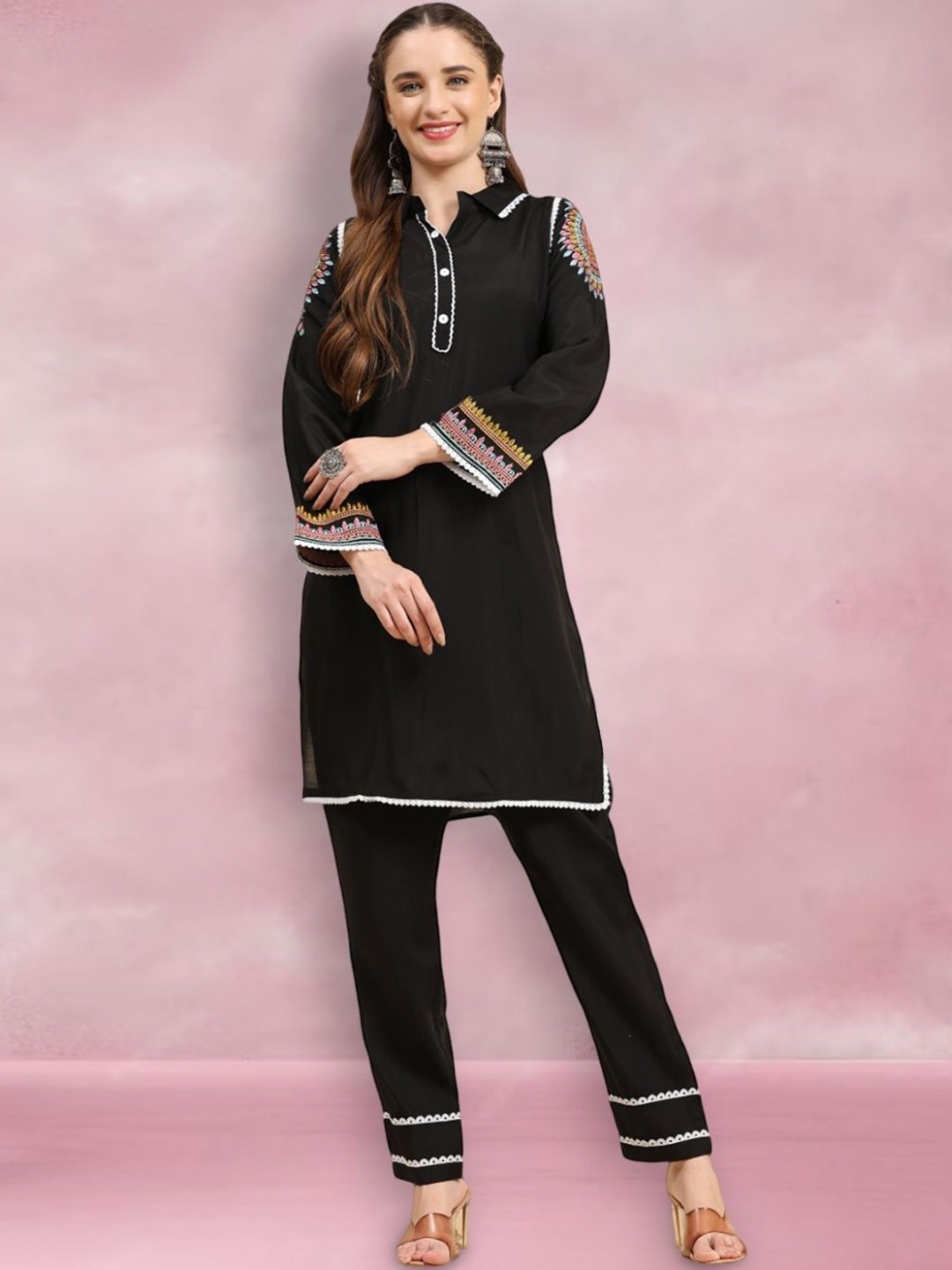 

Krati Creations Embroidered Mandarin Collar Tunic & Trousers, Black