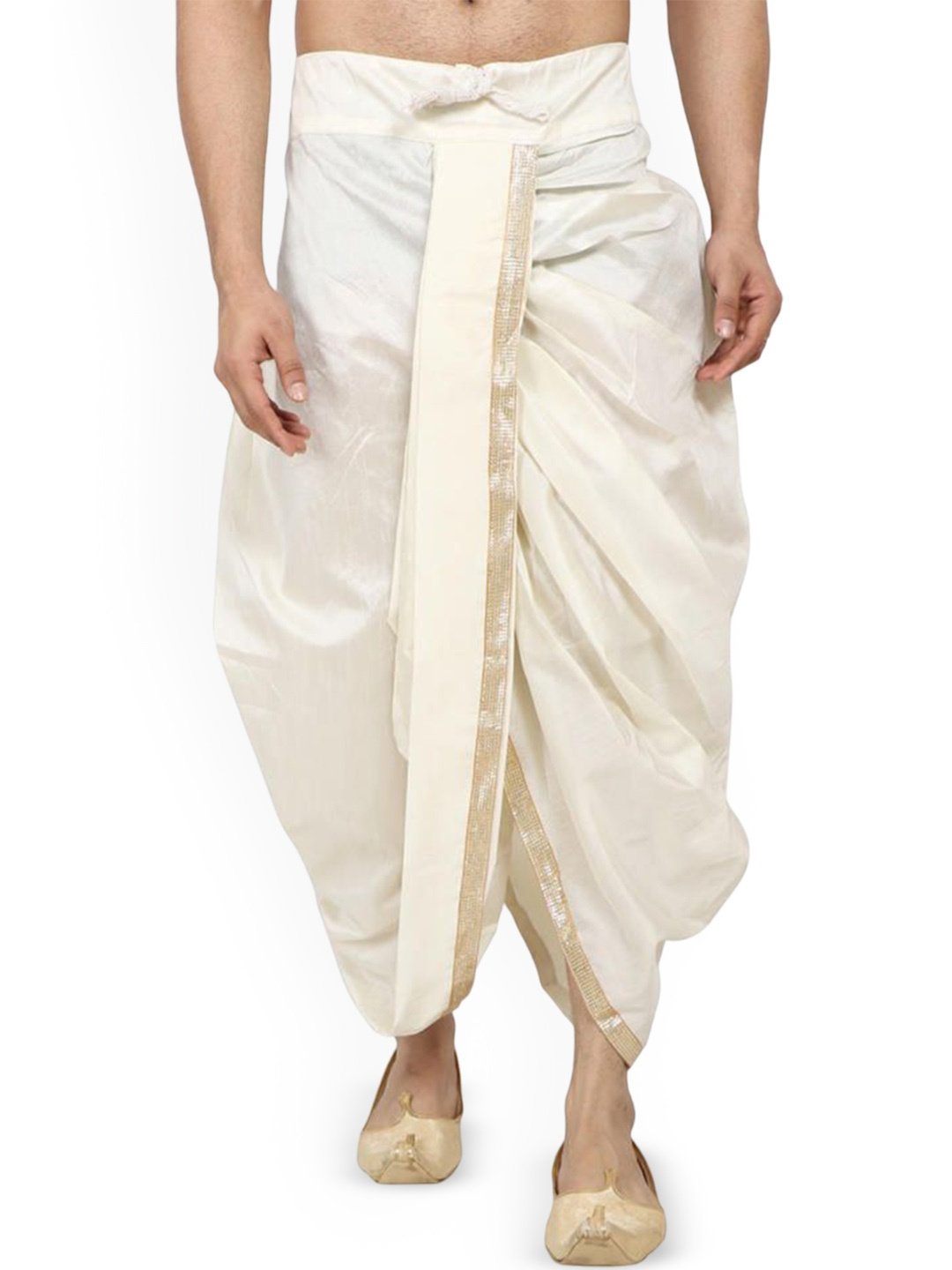 

FANZI Men Silk Dhoti Pant with Lace Work, White