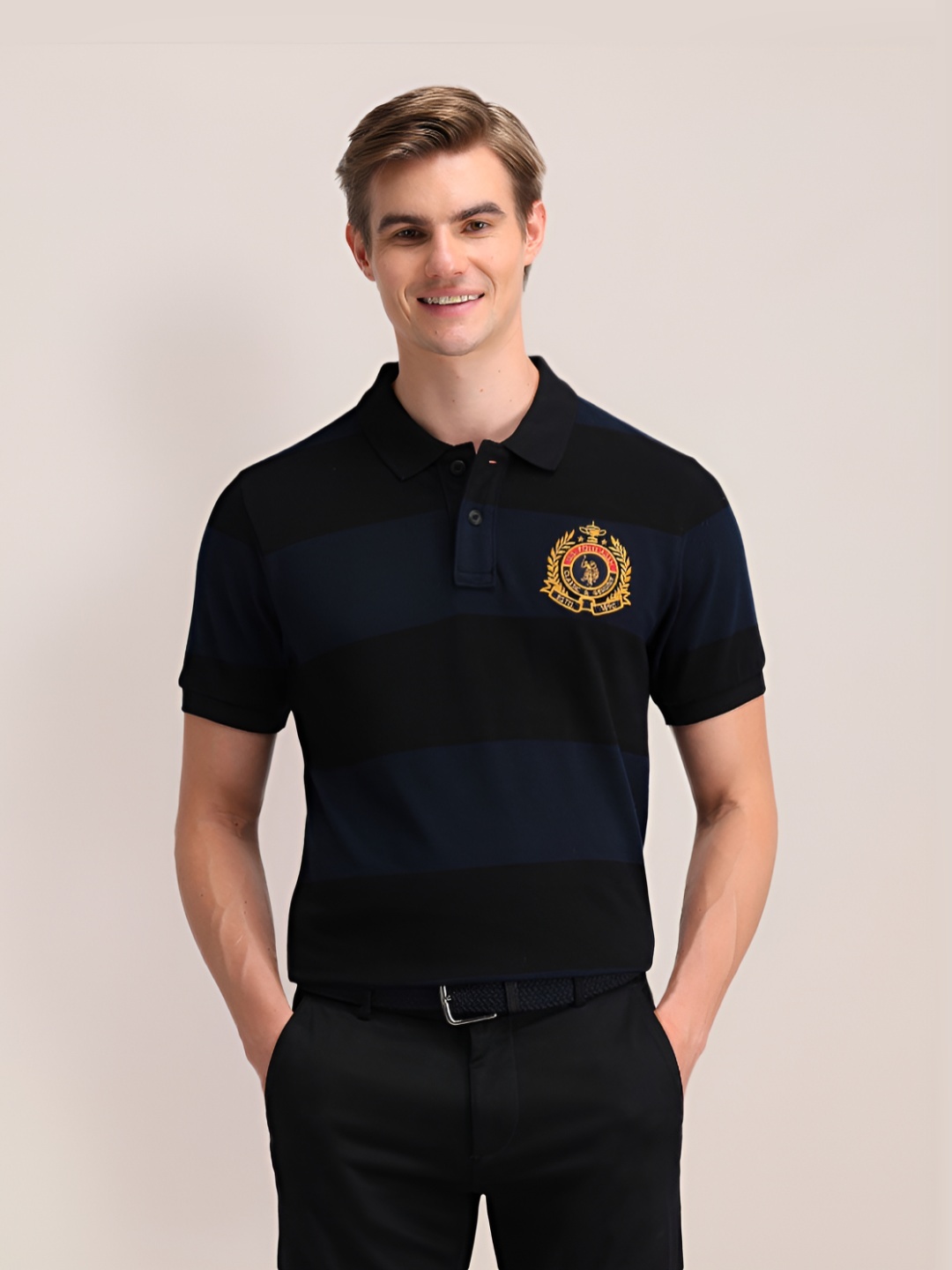 

U.S. Polo Assn. Men Colourblocked Polo Collar Cotton Slim Fit T-shirt, Navy blue