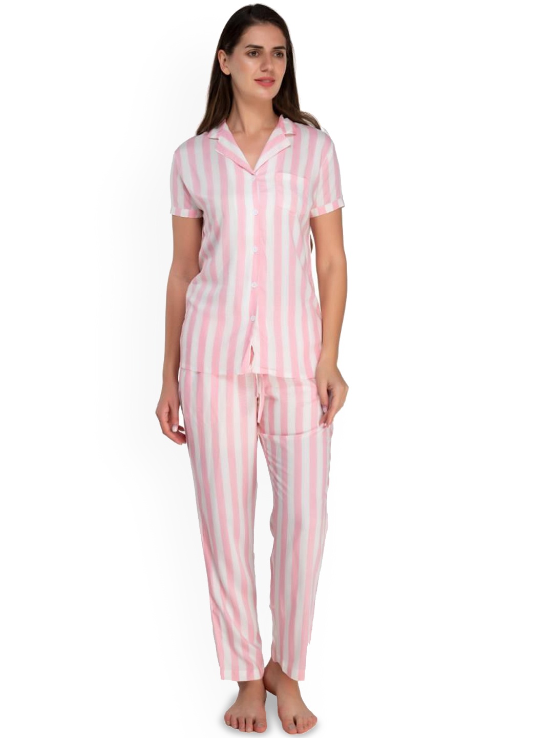 

evolove Women Striped Night suit, Pink