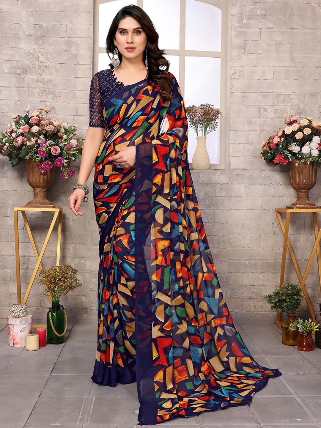 

ANAND SAREES Geometric Printed Saree, Blue