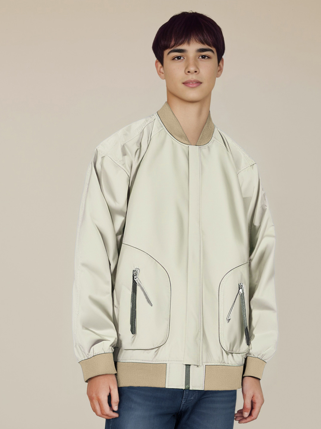 

StyleCast x Revolte Men Stand Collar Solid Casual Bomber Jacket, Off white