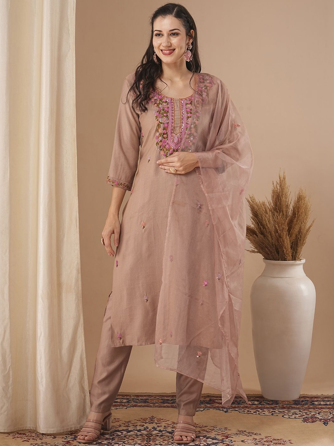 

FASHOR Nude Floral Embroidered Sequinned Straight Kurta with Trousers & Dupatta