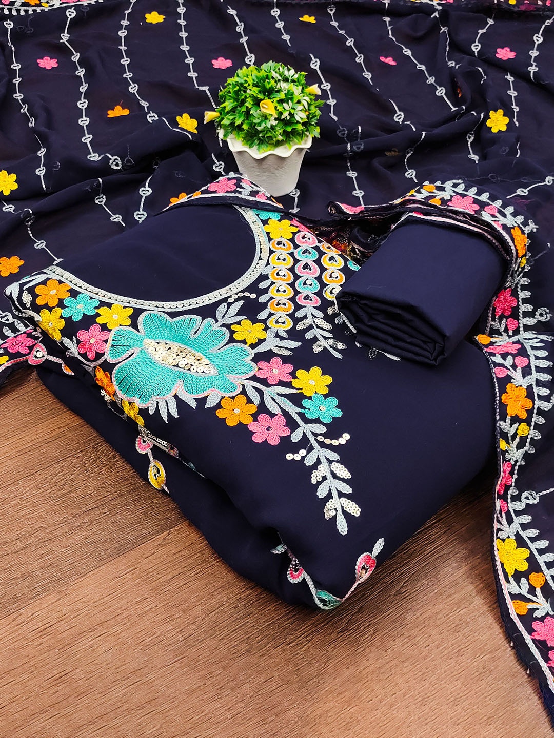 

Maroosh Floral Embroidered Unstitched Dress Material, Blue