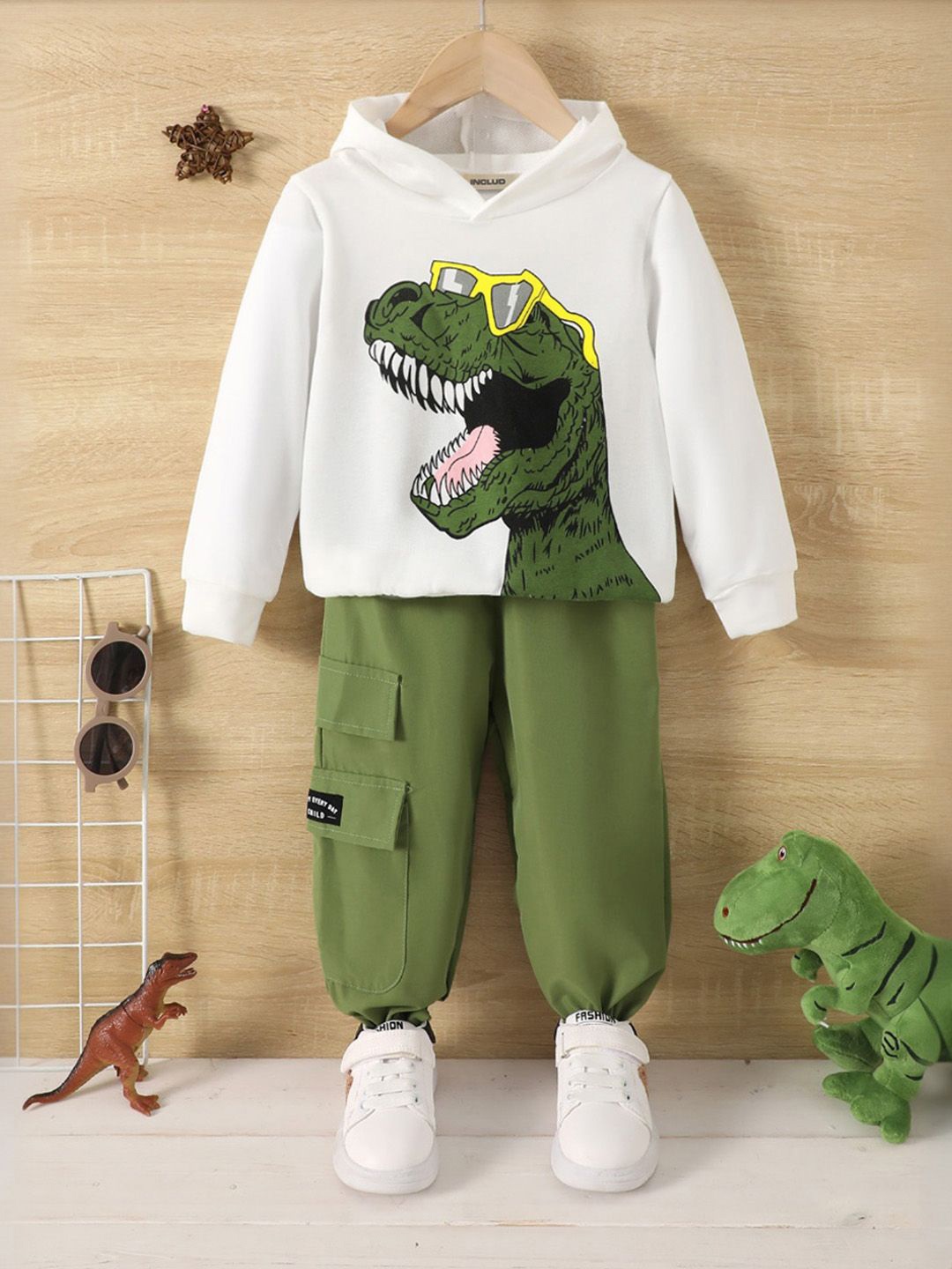 

INCLUD Boys Printed Dinosaur Printed Hoodie With Cargos, Green