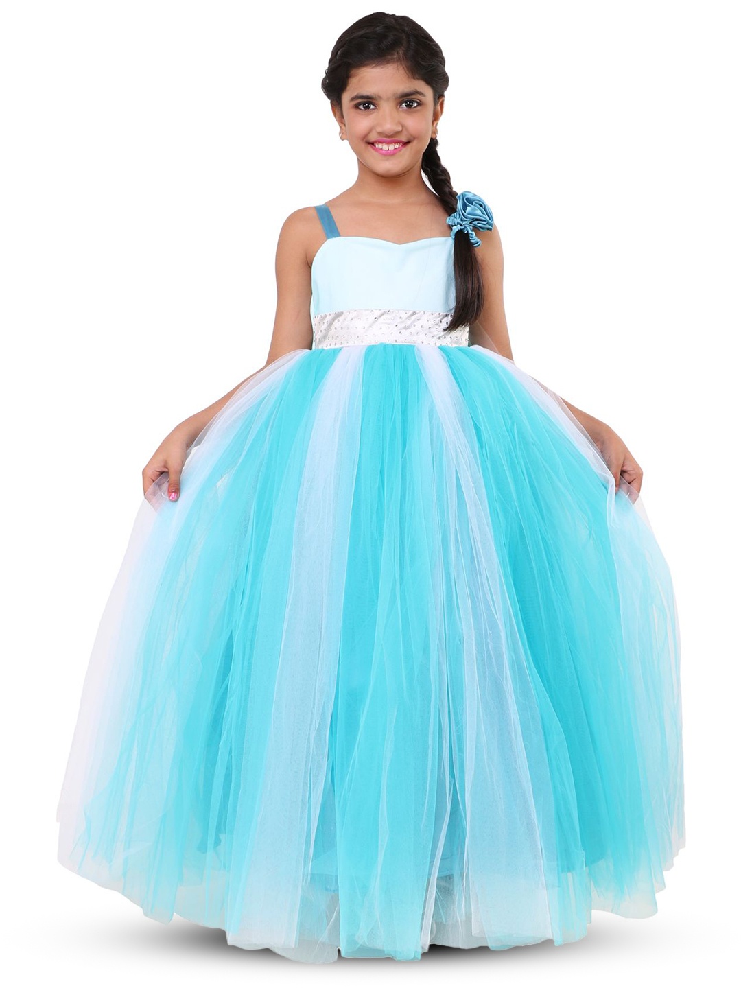 

Wish little Girls Self Design Net Maxi Dress, Turquoise blue