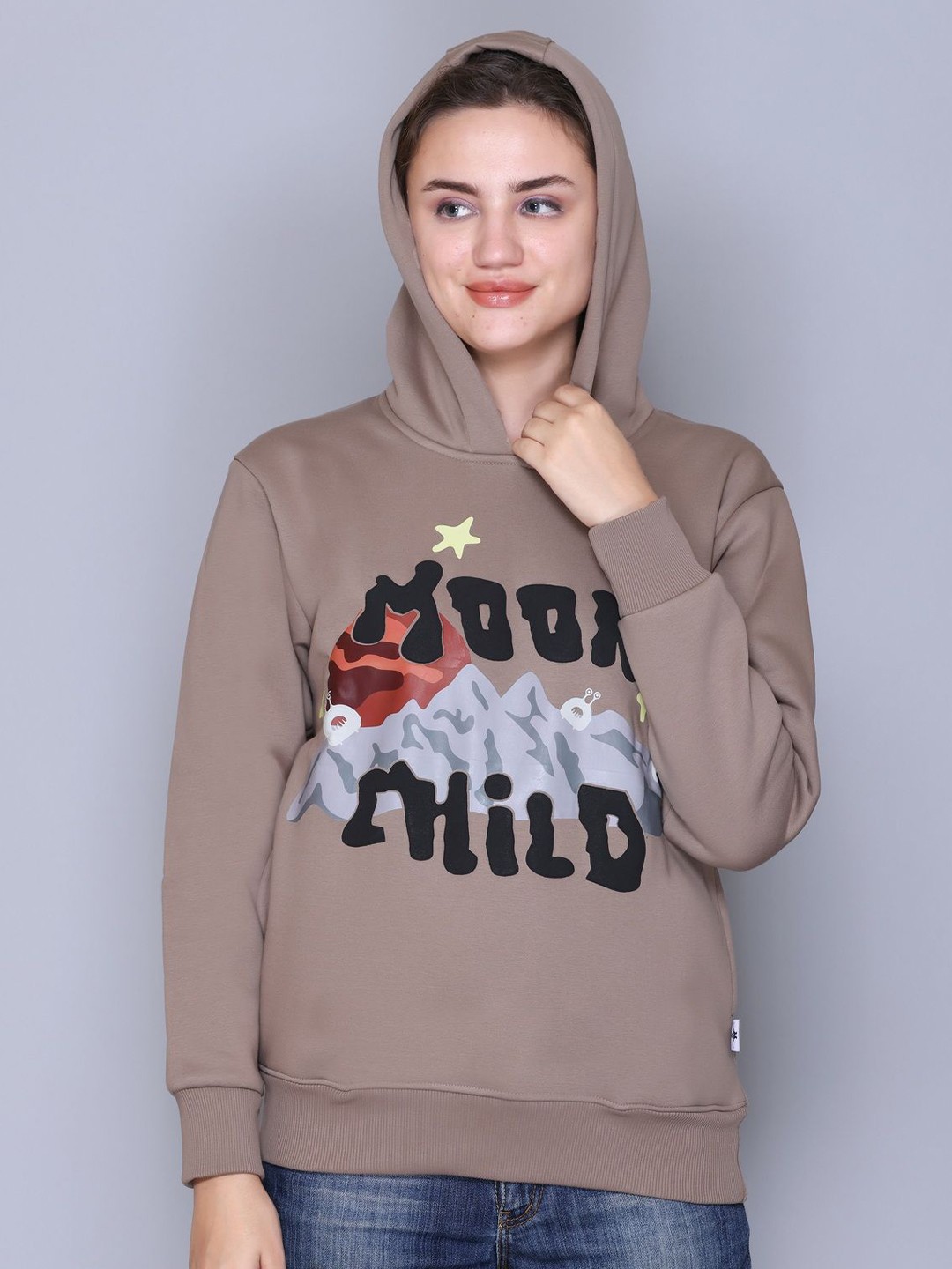 

BIZARRELY Women Beown Cotton Printed Long Sleeves Hooded Sweatshirt, Brown
