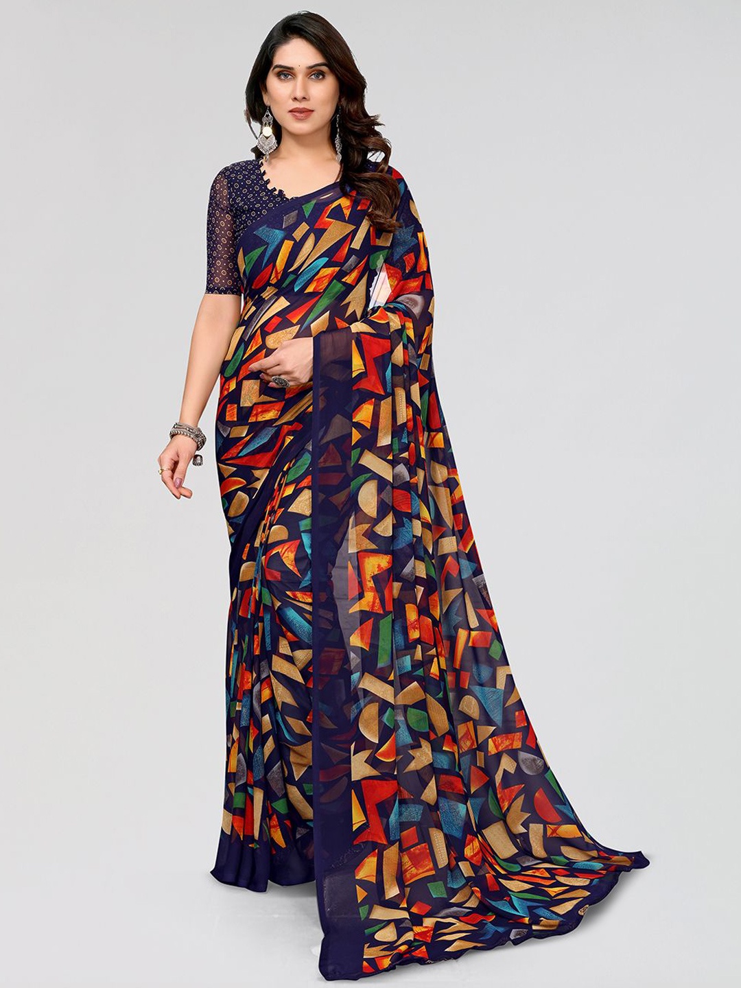 

ANAND SAREES Printed Saree With Unstitched Blouse Piece, Blue