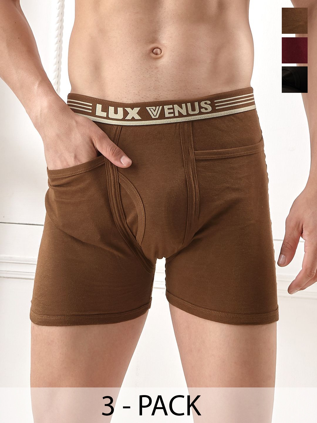 

LUX VENUS Pack of 3 Assorted Men Cotton Pocket Trunk NW1_VENUS_PKT_DRW_AST_105_3PC, Brown