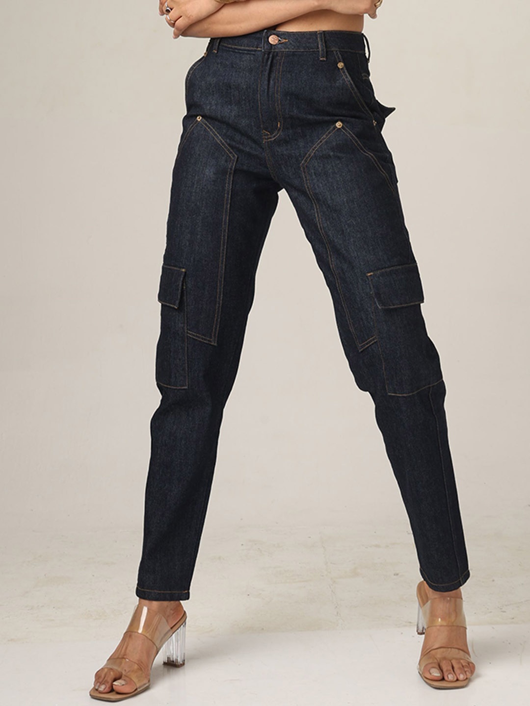

DAYER Women Cotton Tapper Leg With Cargo Pocket Jeans, Blue