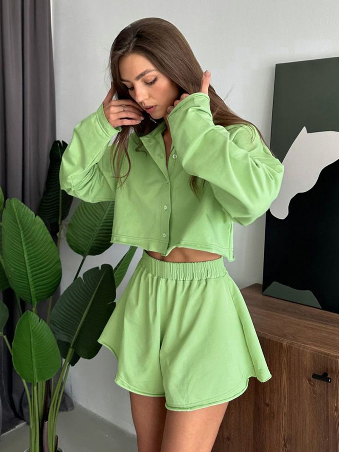 

LULU & SKY Women Long Sleeves Top With Shorts Night suit, Green