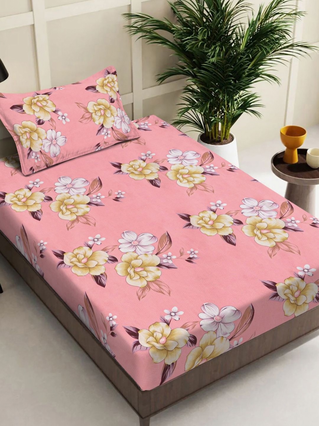 

FABINALIV Pink & Yellow Floral 300 TC Single Bedsheet with 1 Pillow Covers 2.54 x 2.74Mts