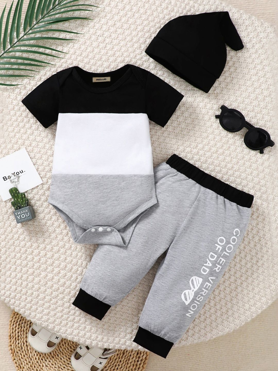 

INCLUD Boys Colourblocked Round Neck Bodysuit With Trousers, Grey
