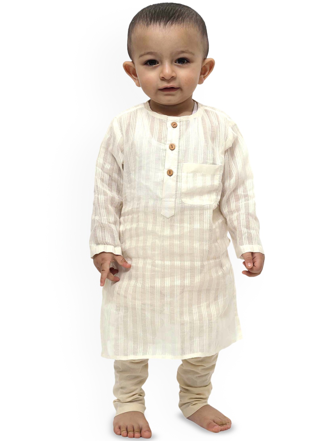 

TJORI Boys Striped Regular Pure Cotton Kurta with Churidar, Off white