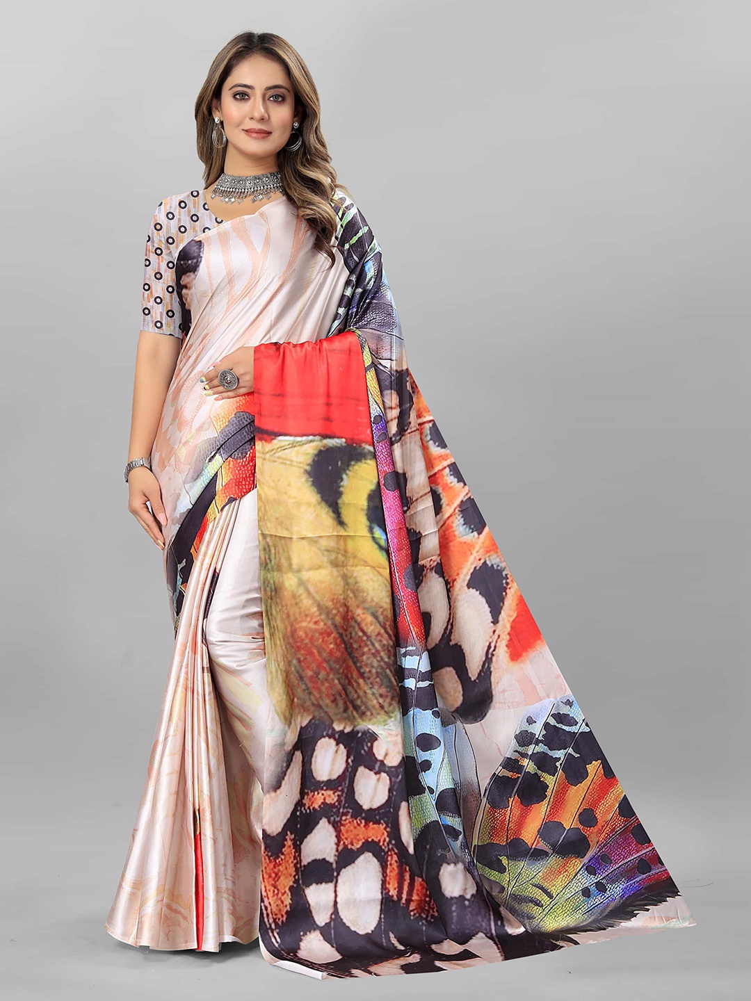 

V3 FASHION STUDIO Abstract Printed Satin Saree, Pink