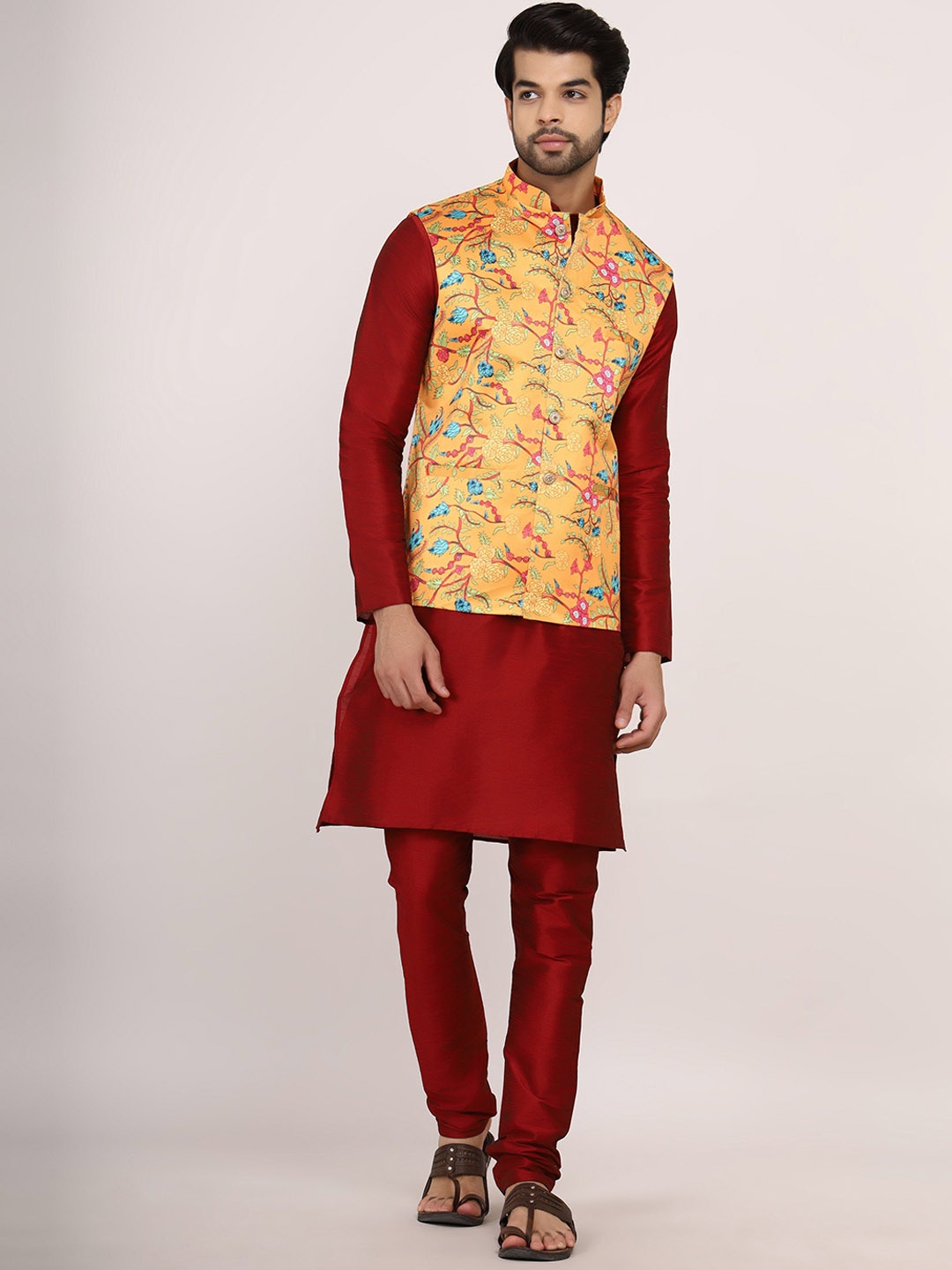 

Sadree Mandarin Collar Long Sleeves Straight Kurta with Churidar & Nehru jacket, Maroon
