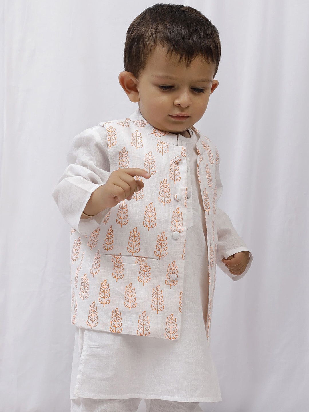 

TJORI Boys Printed Pure Cotton Nehru Jacket, White