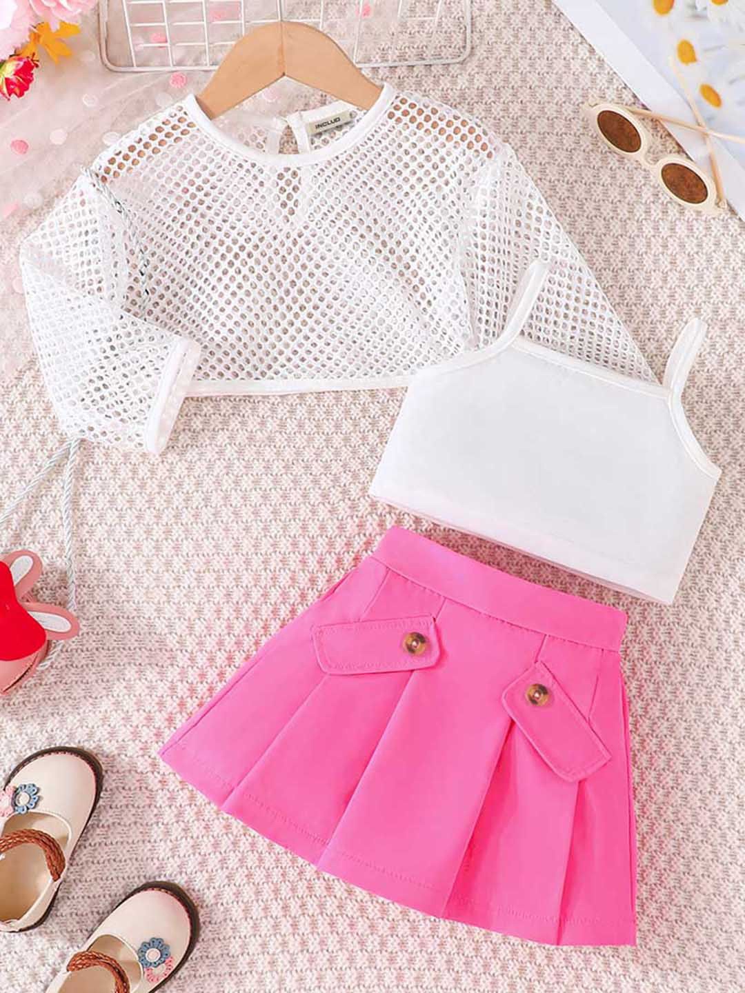 

INCLUD Girls Self Design Round Neck Long Sleeves Top With Skirt With Camisole, Pink