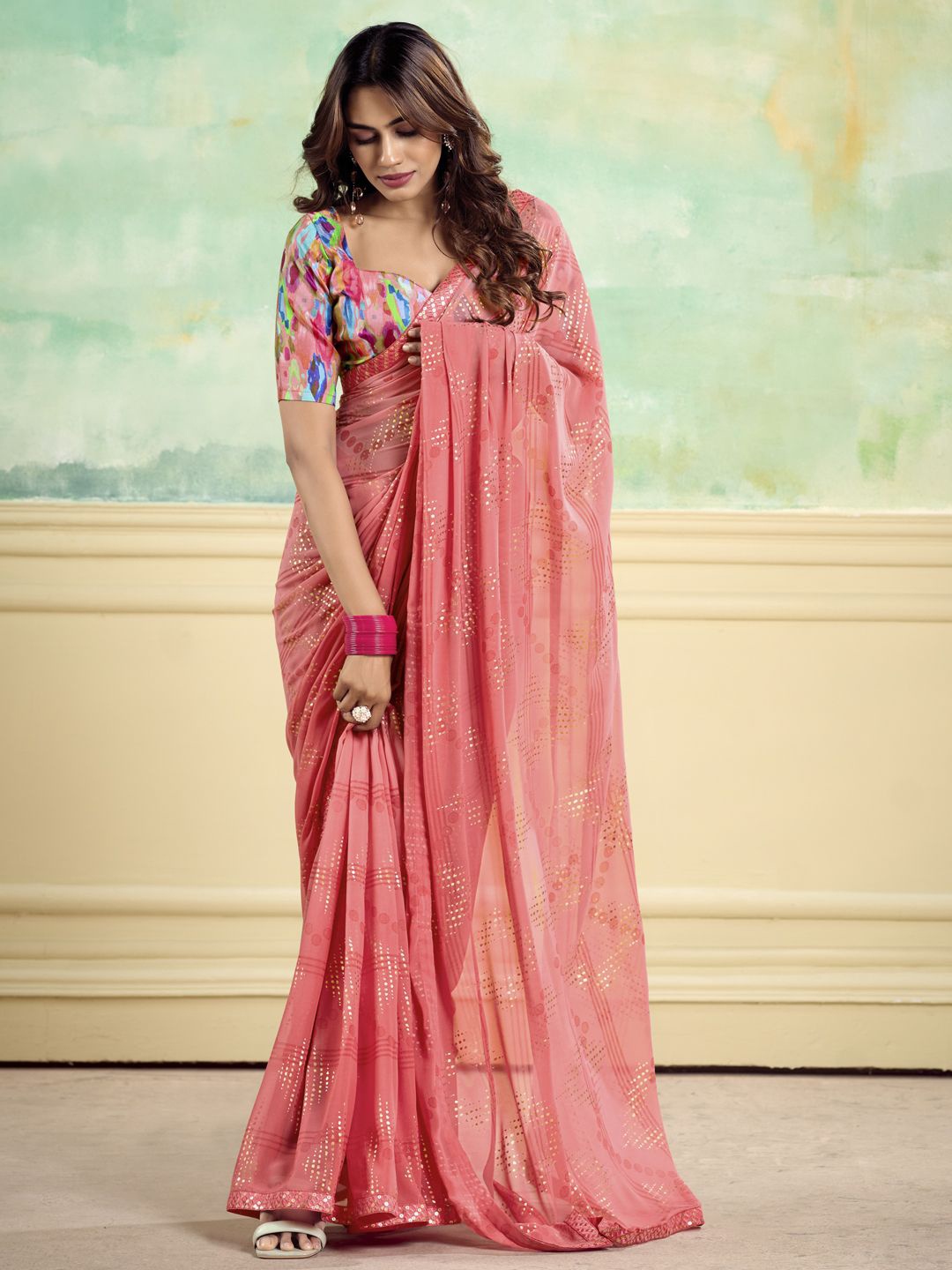 

CHUDIYA Ethnic Motifs Pure Georgette Saree, Coral